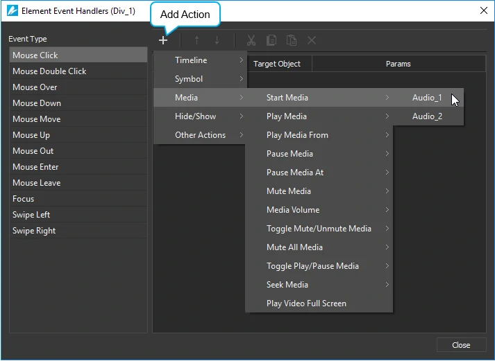 Add events - actions to create interactive HTML5 content.