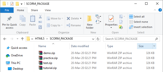 Your SCORM/xAPI package is put in a ZIP file that can be directly uploaded to an LMS.