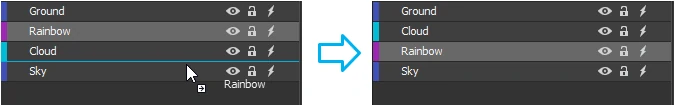 Select the desired element, drag it to a new position that you want until a blue line appears, and drop it.