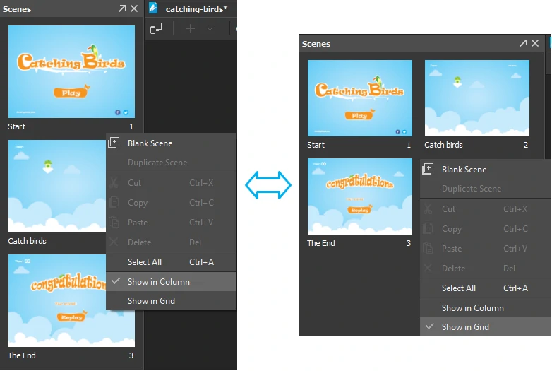 Saola Animate provides two modes to display scene thumbnails, which are Show in Column and Show in Grid.