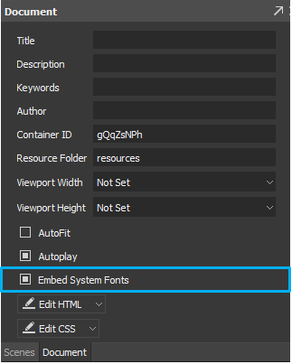 The Embed System Fonts option is shown in the Document tab.