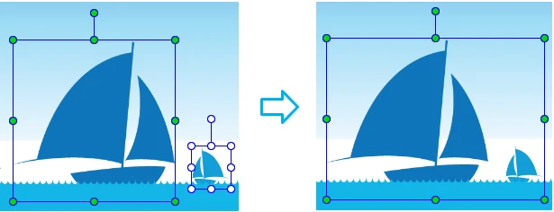On the Canvas, two boat elements are grouped into one, surrounded by a single bounding rectangle.