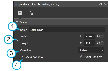 Scene properties like its name, size, overflow, and transition to the next scene are shown in the Properties pane.