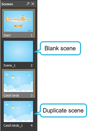 A blank scene or a duplicate scene will be inserted right below the last selected scene from which its size and background property will be inherited.