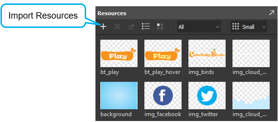 Import resources into the Resources pane, then drag and drop them into scenes. 