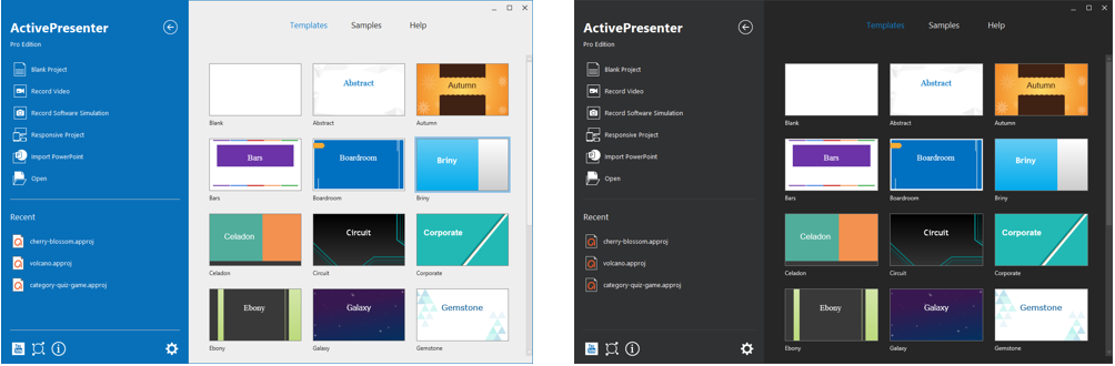 ActivePresenter 8 offers 2 UI themes: light theme and dark theme.
