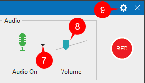 The Audio section allows you to set the audio device and volume for the recording (system audio and audio from a microphone)