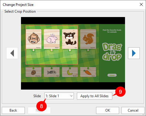 ActivePresenter will crop the content to fit the new slide size.