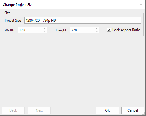 Change Project Size dialog