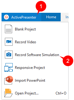 In the current opening project, click the ActivePresenter button and select Record Software Simulation.