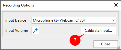 In the Recording Options dialog that pops up, click Calibrate Input... (3).