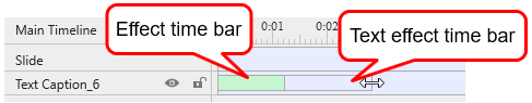 Change the delay time by dragging the text effect time bar (the transparent bar) in the Timeline.