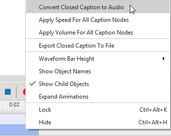 Right-click one CC node and select Convert Closed Caption to Audio.