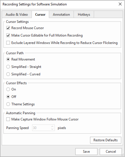 The Cursor tab allows you to have settings for the cursor in recorded videos/software simulations.