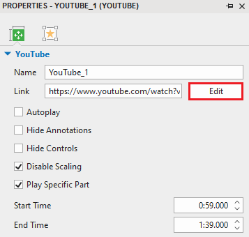 accessing the Properties pane > Size & Properties > YouTube > Edit.