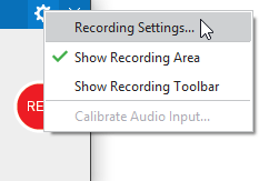 Click the Settings icon at the top-right corner of the Record Video Project/Record Software Simulation Project dialog and select Recording Settings. 