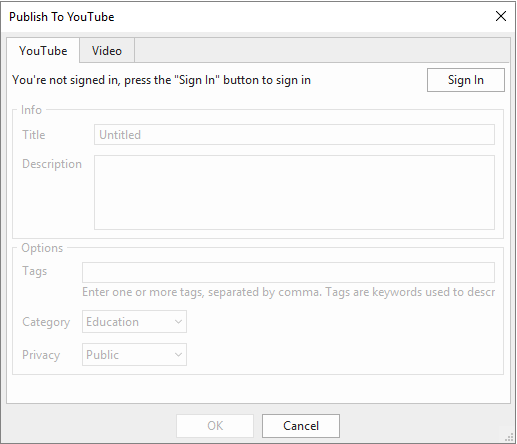 The Publish To YouTube dialog will show up with two tabs: YouTube and Video.