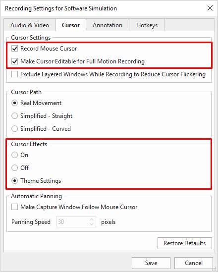 Enable Theme Settings for recording custom cursor effects.