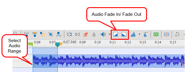 Select Audio Range and click Audio Fade In/ Fade Out