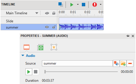 With the audio object, you can import an audio file from your file system or record a new track. 