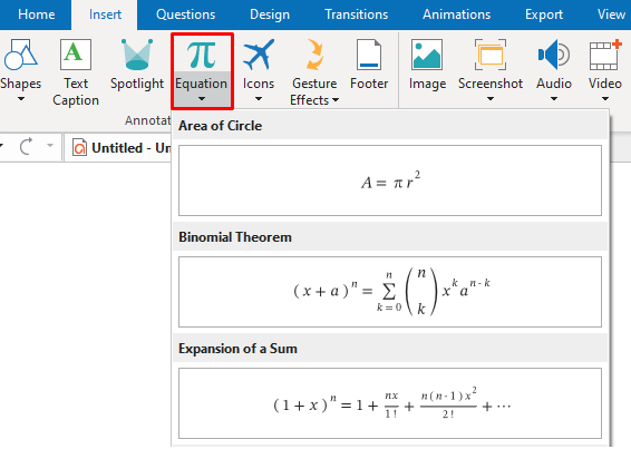 ActivePresenter offers you a great number of built-in equations and formulas to help create any math equation easily.