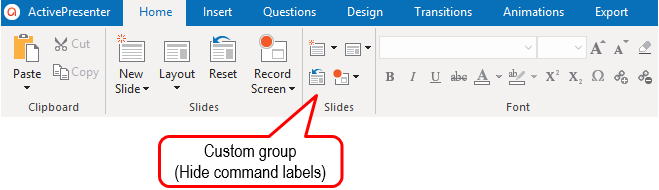 For custom groups, select the Hide Command Labels check box (5) to hide the labels while showing the icons in smaller size.