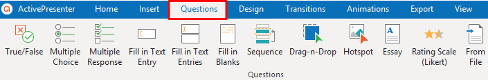Insert built-in 11 question types or import external questions in the Insert tab.