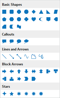 The shapes are sorted into five groups: Basic Shapes, Callouts, Lines and Arrows, Block Arrows, and Stars. 