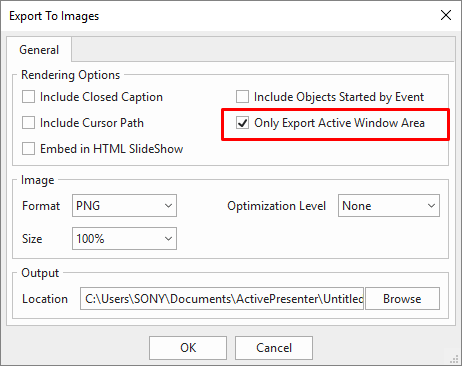 When it comes to exporting projects to images, Microsoft PowerPoint, or other document formats, you can choose to export the Active Window area only.
