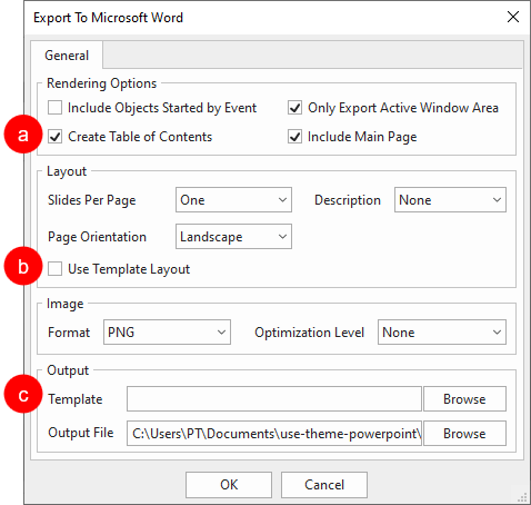 Export project to Microsoft Word dialog