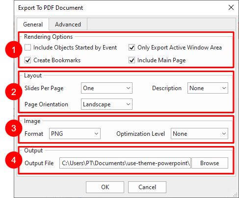 General tab in Export to PDF Document