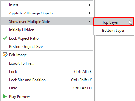 Right-click the logo > Show over Multiple Slides. Next, choose to place the logo in the top or bottom layer of the object stack order.