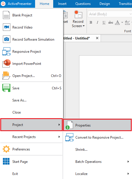 Click the ActivePresenter button > Project > Properties