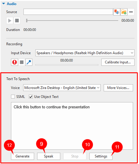 Text to Speech section in the Audio tab.