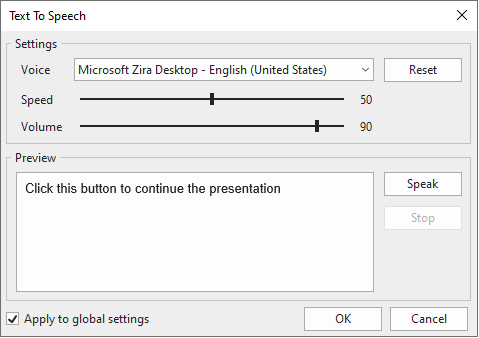 The Text To Speech dialog where you can specify the voice, speed, and volume for the TTS audio.