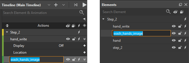 Rename in the Timeline or Elements Pane