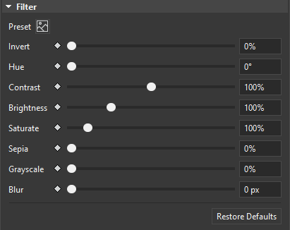 Edit the Filter property in the Effects tab