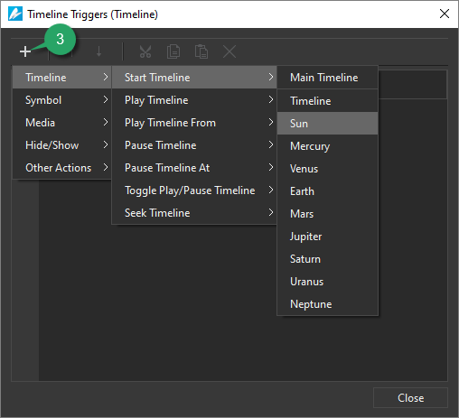 Add Action in Timeline Triggers dialog
