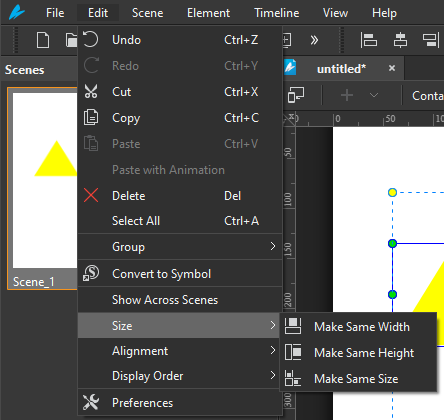 Resize and align elements, Edit menu > Size.