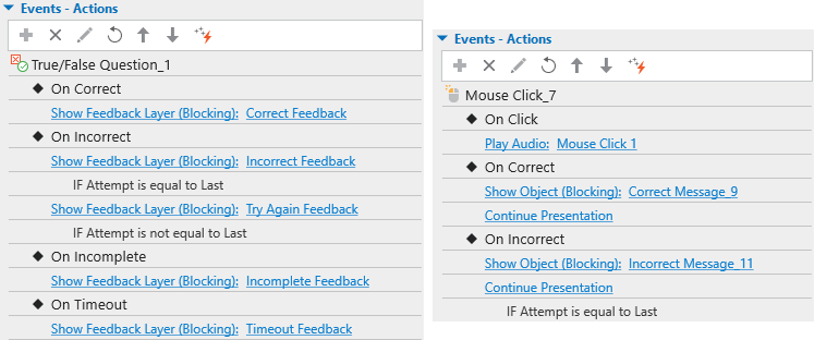 Events-actions for showing feedback