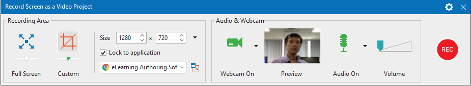 Recording screen as a video project dialog