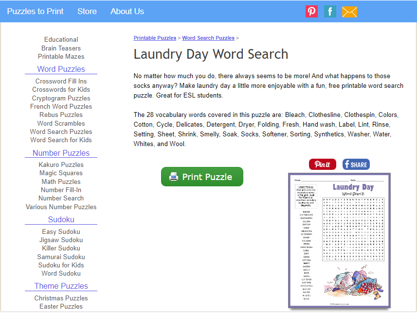 Puzzles to Print - a website for printable word search worksheets