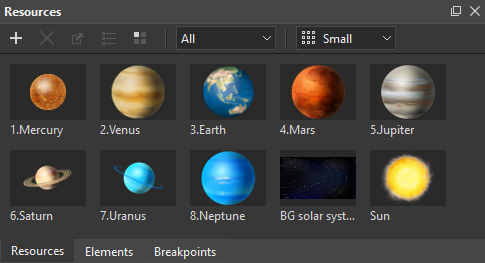 Resources pane in Interactive Solar System project