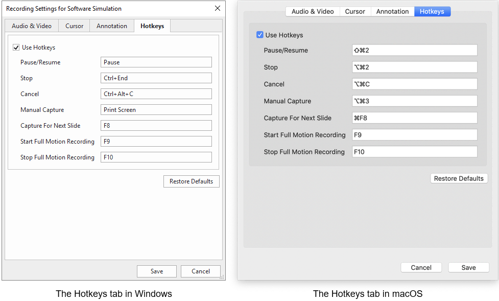 Hotkeys tab on Windows and macOS