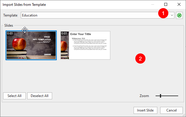 Import slides from template dialog