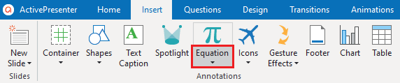 drop-down arrow on Equation icon