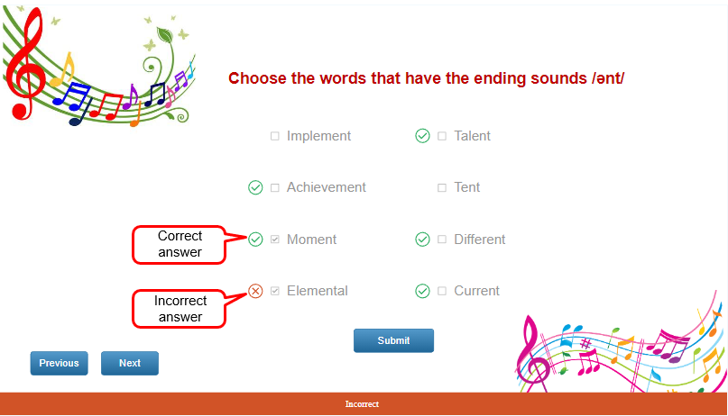 Correct-incorrect answer in Review mode
