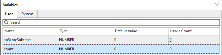 the Variables dialog