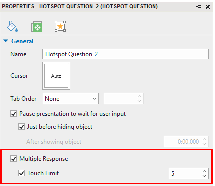 Multiple Response and Touch Limit checkboxes