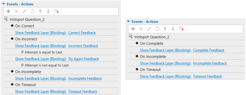 Add Events – Actions for questions in hotspot quiz